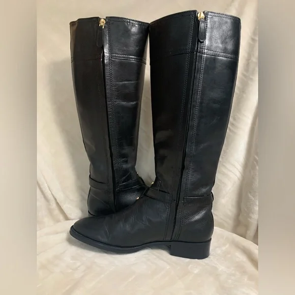 Tory Burch Black Heeled Boots with Gold Accents - Picture 2 of 5